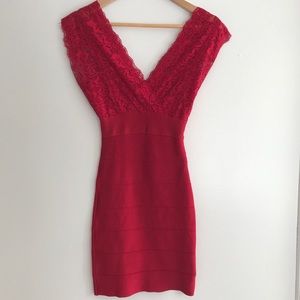 Bebe Crimson Red Form-Fitting Lace Bandage Dress